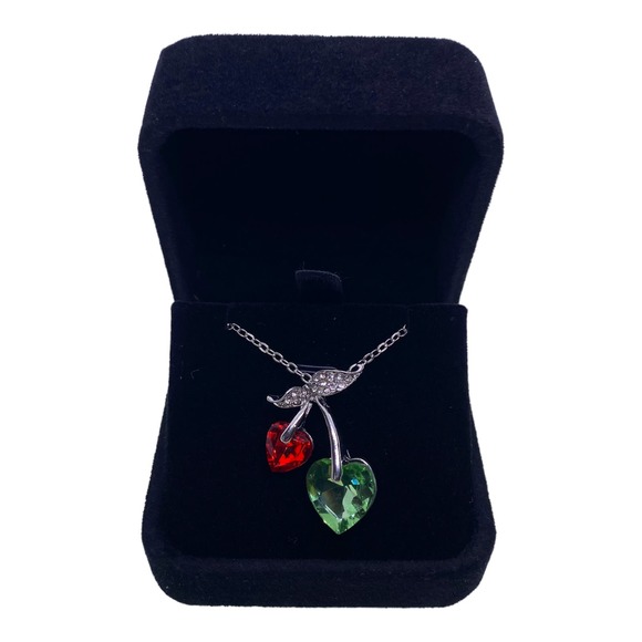 Imitation Red Green Cubic Zirconia Gemstone Cherry Cherries Heart Necklace - Picture 1 of 6